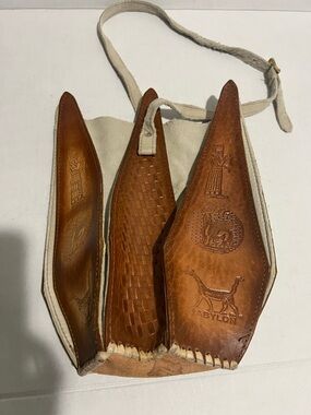 Babylon Tooled Leather & Canvas Triple Pocket Crossbody - Brown and Cream